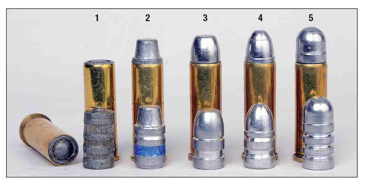 Mike has tried these bullet styles in .38 Special handloads from an array of snub-nose revolvers, including the (1) Speer 148-grain swaged-lead WC, (2) commercially cast 150-grain SWC, (3) 158-grain RN/FP (RCBS 38-158CM), (4) 158-grain RN  (Lyman No. 358311) and a (5) a 200-grain RN (Lyman No. 358430).
